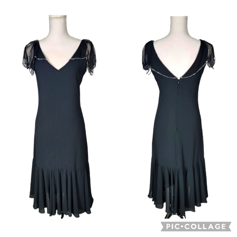 Black Beaded 20s *read* Style Drop Waist Art Deco Gatsby Flutter Sleeve Colum